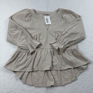 Rusted Roots Top Women's Small Beige Blouse Puff Sleeve‎ Split Neck Babydoll